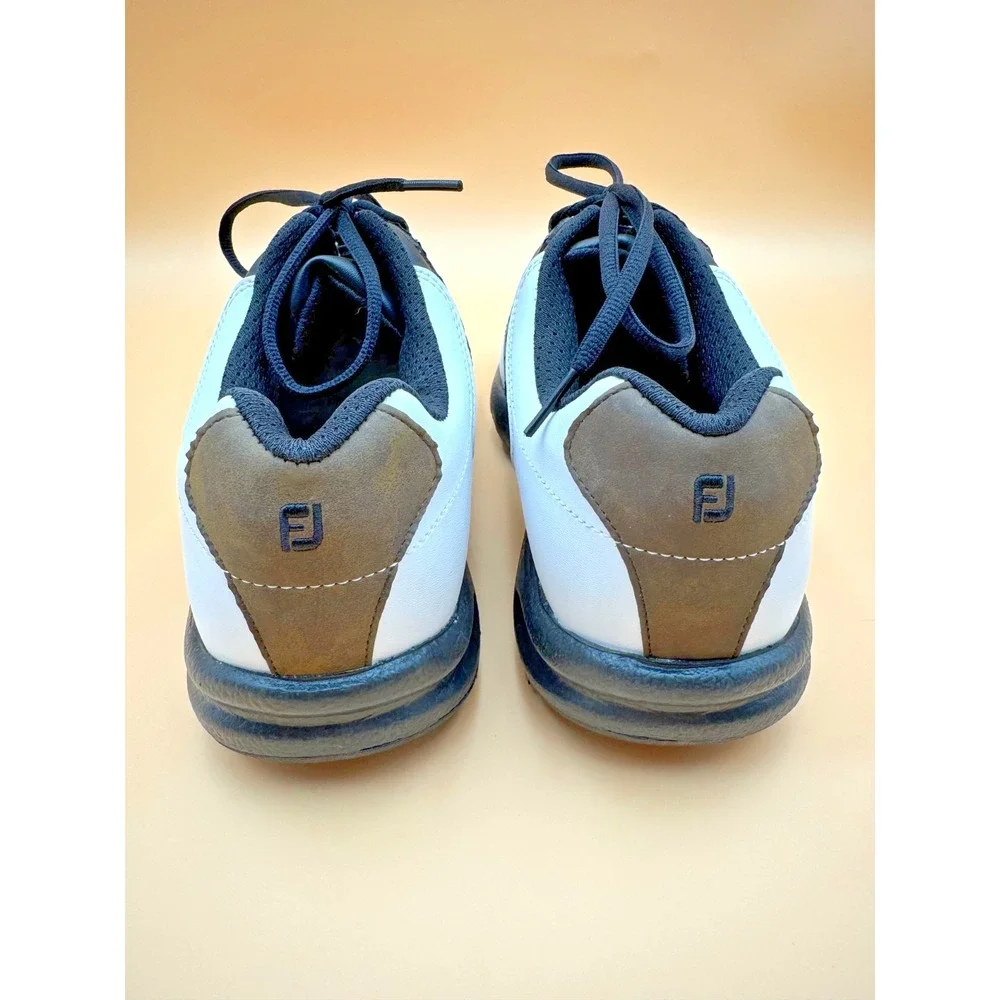 FootJoy GreenJoys Men's 10.5W White Brown Black Leather Lace-Up Golf Shoes Cleat - Picture 5 of 14